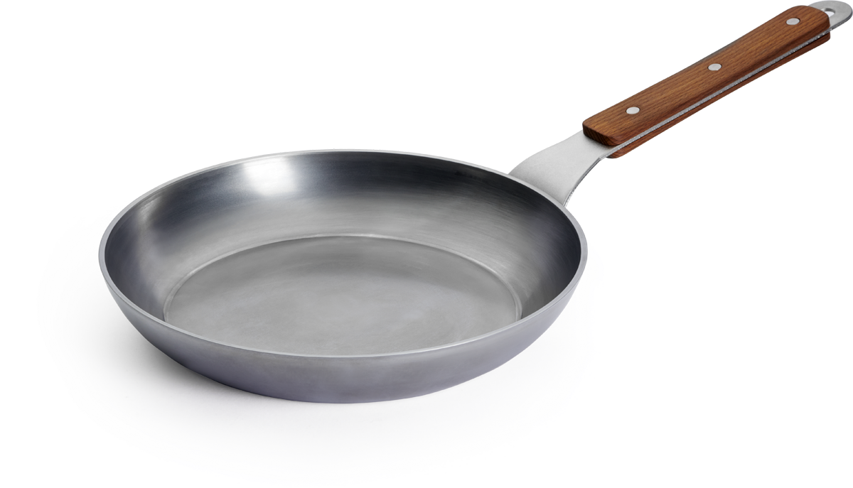 Runde Carbon Steel Pfanne in der drei Seitenansicht mit festem Holzstiel.