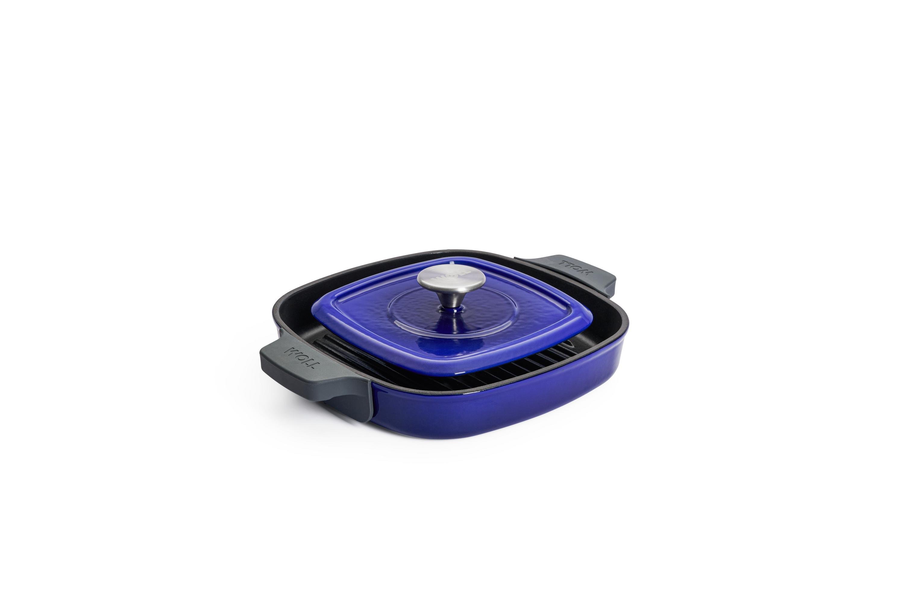 Iron Guss-Grillpfanne, mit Rillen und Steakpresse | Cobalt Blue | 24x24cm | Alle Herdarten inkl. Induktion