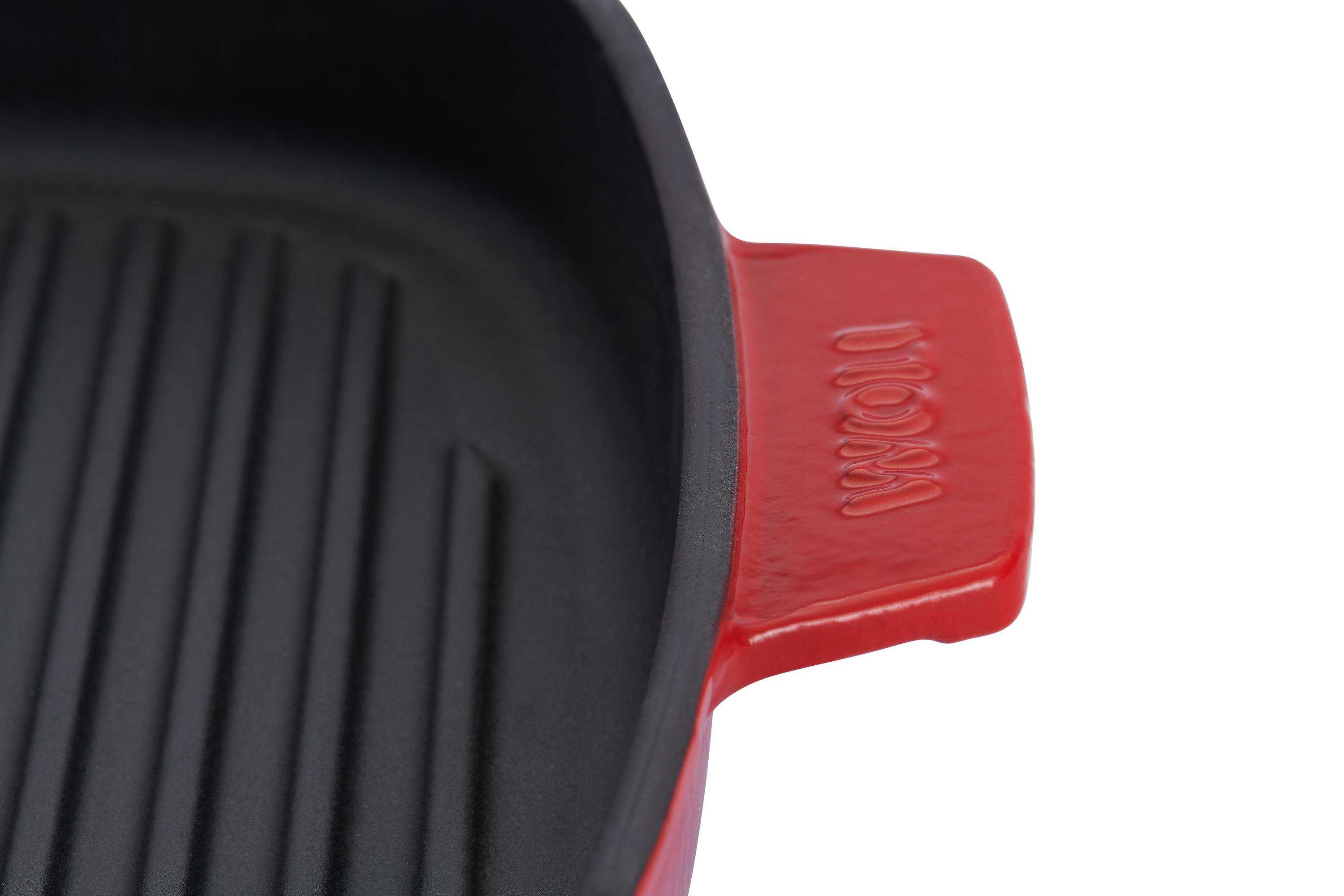 Iron Guss-Grillpfanne, mit Rillen und Steakpresse Detailansicht | 24x24cm | Alle Herdarten inkl. Induktion | Chili Red