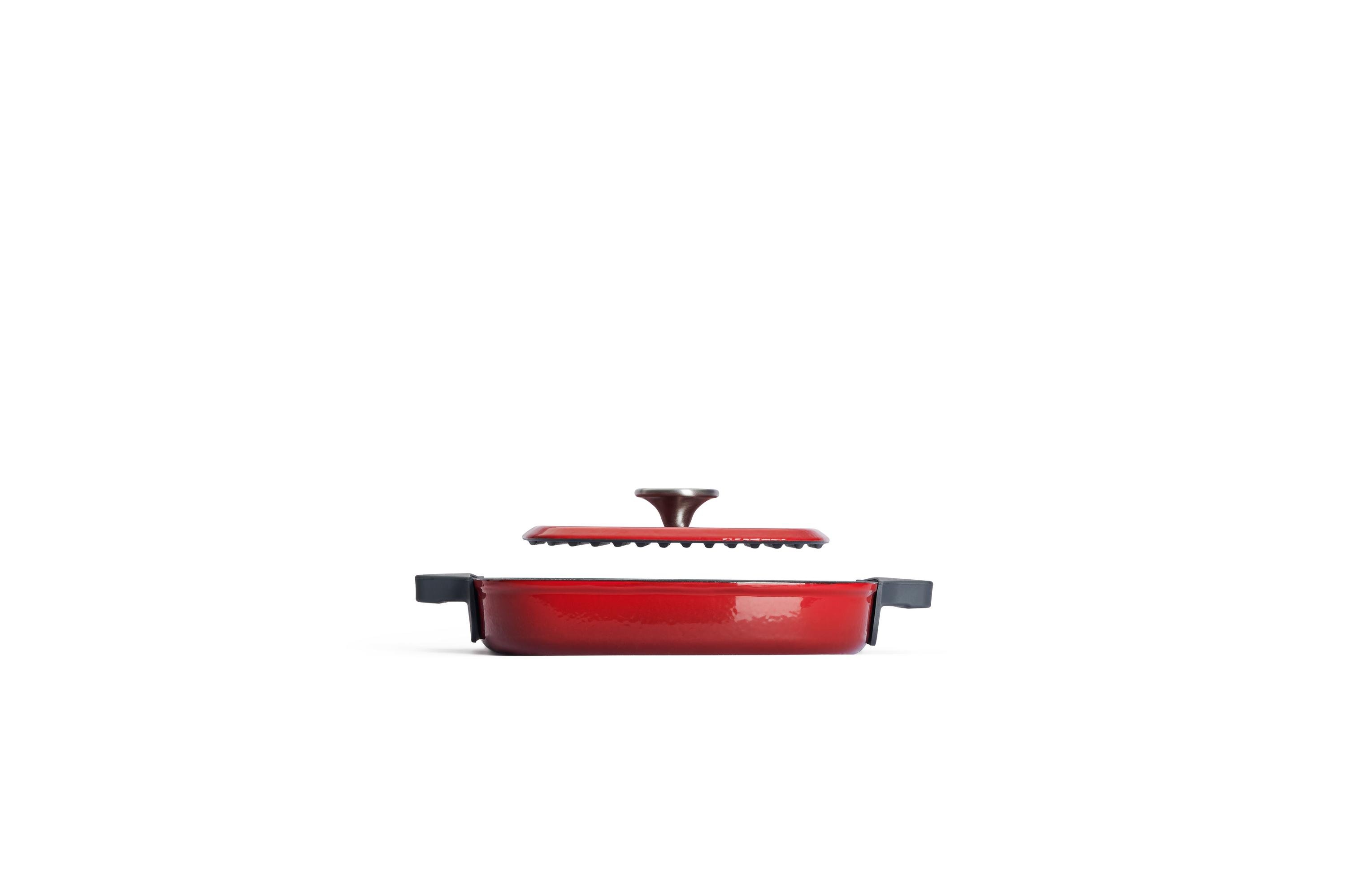 Iron Guss-Grillpfanne, mit Rillen und Steakpresse Seitenansicht | 24x24cm | Alle Herdarten inkl. Induktion | Chili Red