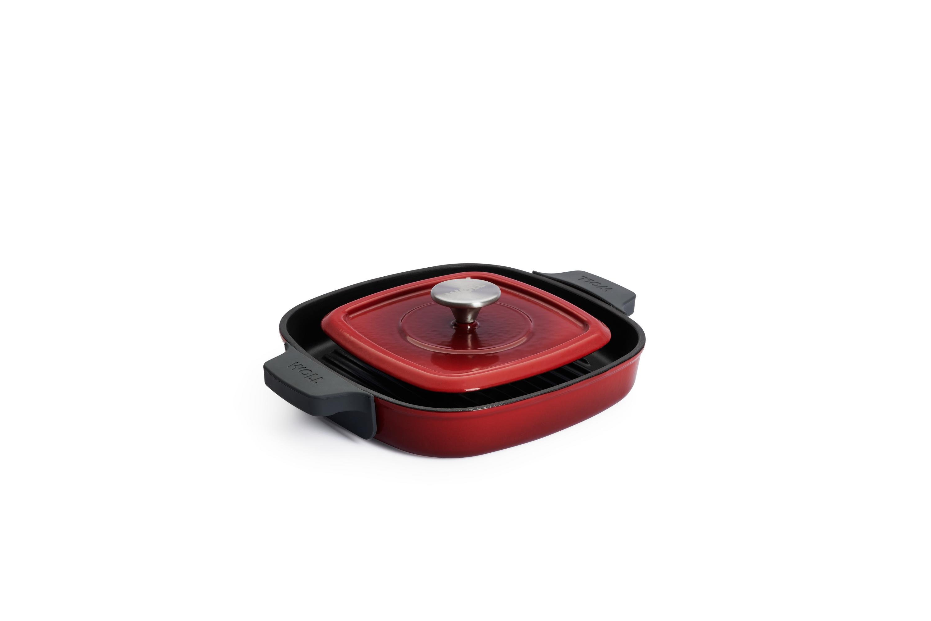 Iron Guss-Grillpfanne, mit Rillen und Steakpresse | 24x24cm | Alle Herdarten inkl. Induktion | Chili Red