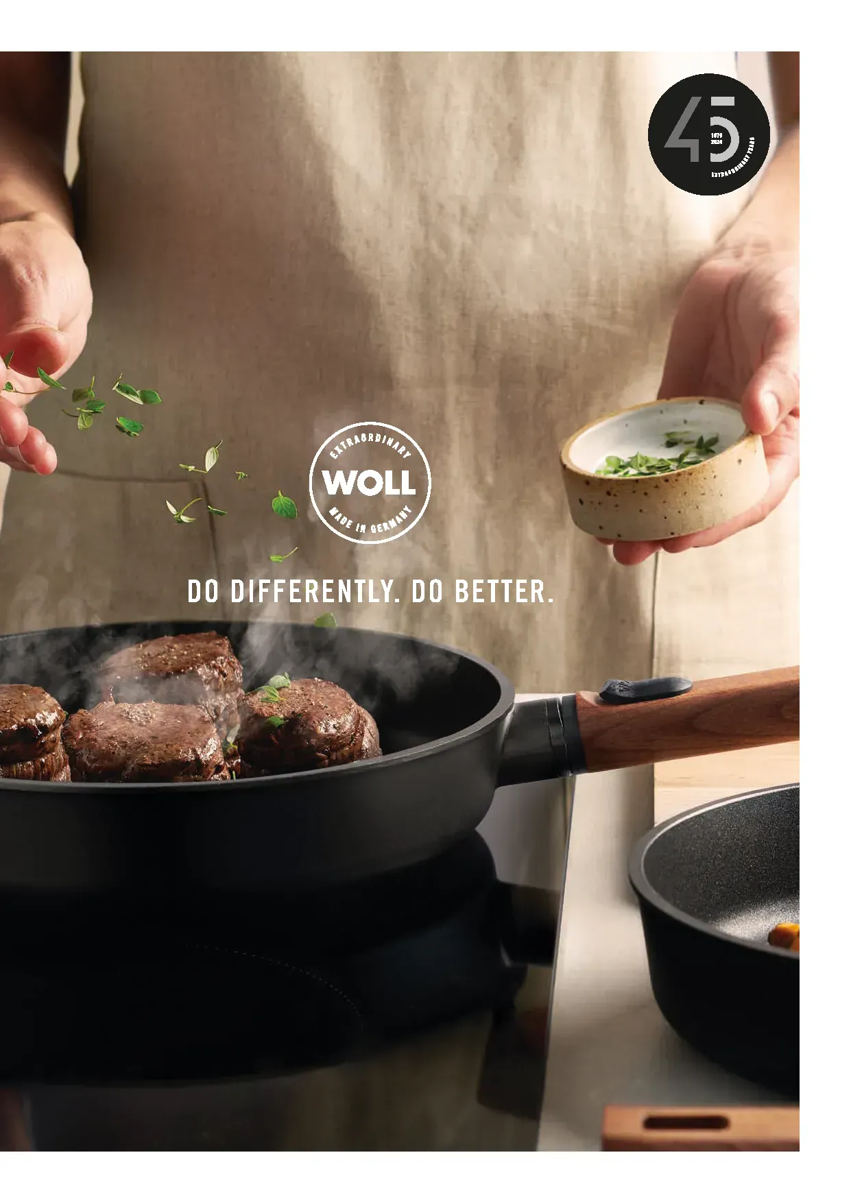 Auf dem Cover des Woll-Katalogs ist das Logo mit dem Schriftzug „Do Differently. Do Better.“ abgebildet, in der rechten Eckeist zudem das Logo zum 45-jährigen Jubiläum zu sehen. Im Hintegrund ist eine Pfanne der Serie Eco Logic QXR mit abnehmbarem Holzs