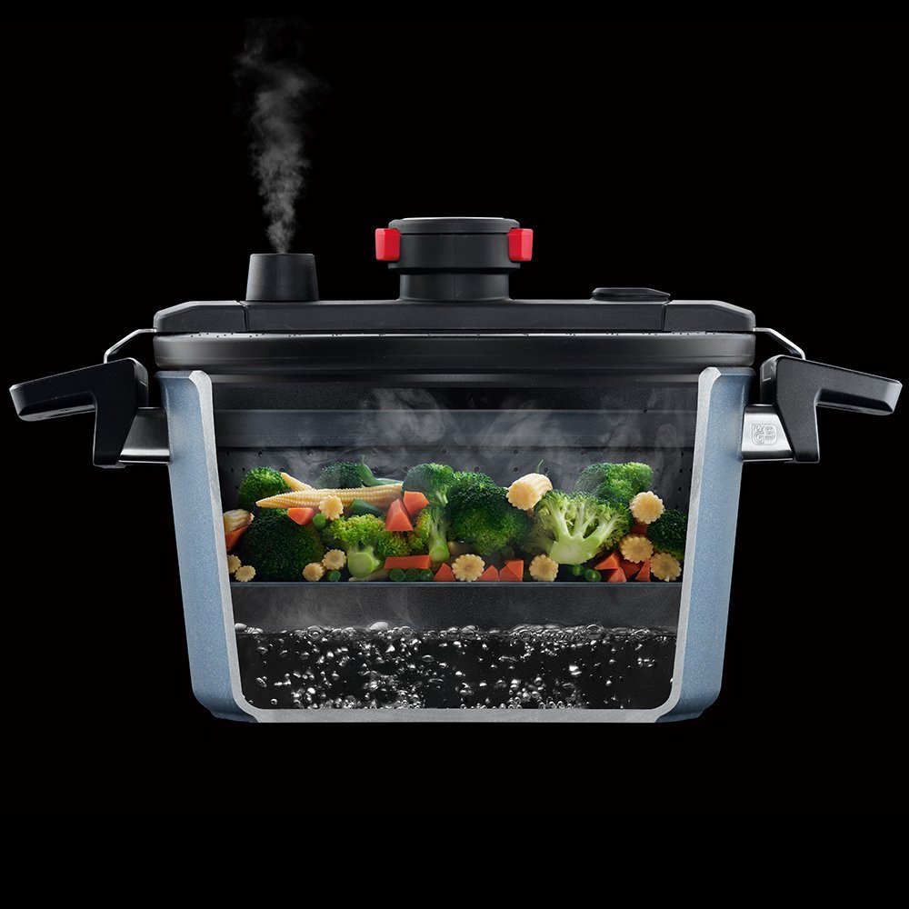 Im Querschnitt ist der Diamond Active Lite Niederdrucktopf zu sehen, um das Dämpfen im Siebeinsatz zu verdeutlichen. Das Ventil sorgt für Druckausgleich. 