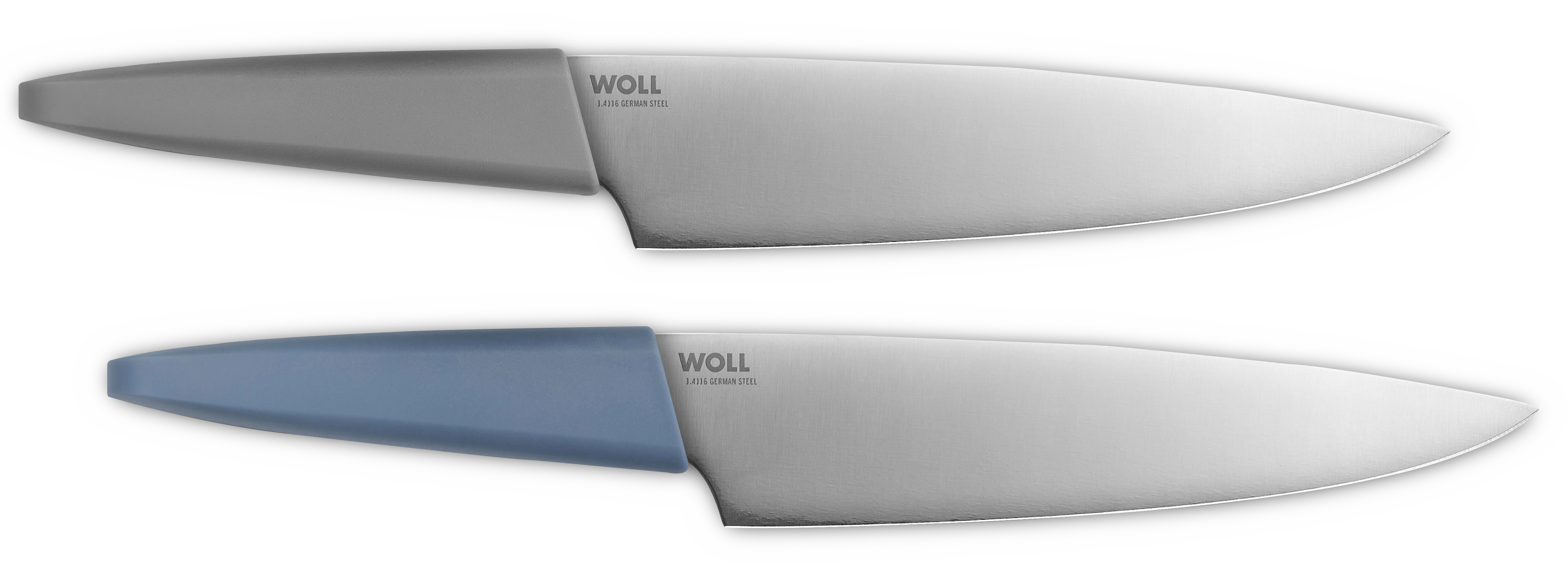 In der Seitenansicht werden zwei Messer aus der Serie Cutting Edge mit den Grifffarben Grau (Dove) und Blau (Storm) untereinander dargestellt.