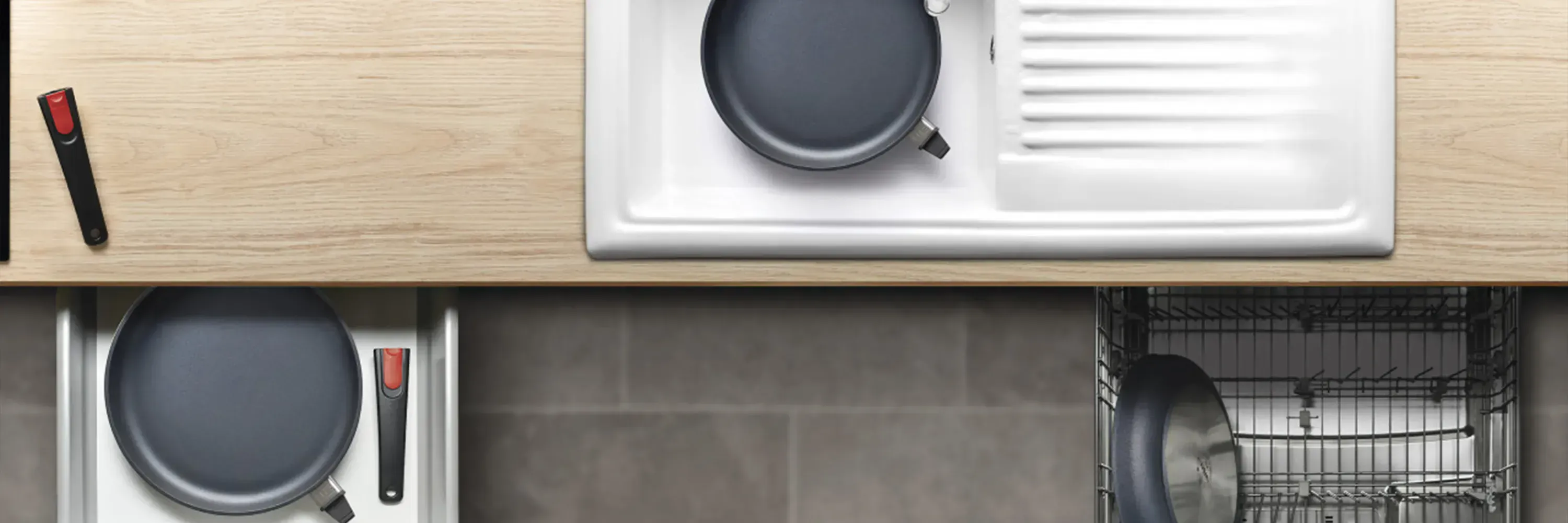 Der abnehmbare Stiel der Diamond-Lite-Pfanne schafft mehr Stauraum in Schubladen, Waschbecken und Spülmaschine. Er kann bei Bedarf sogar während des Kochens abgenommen werden.