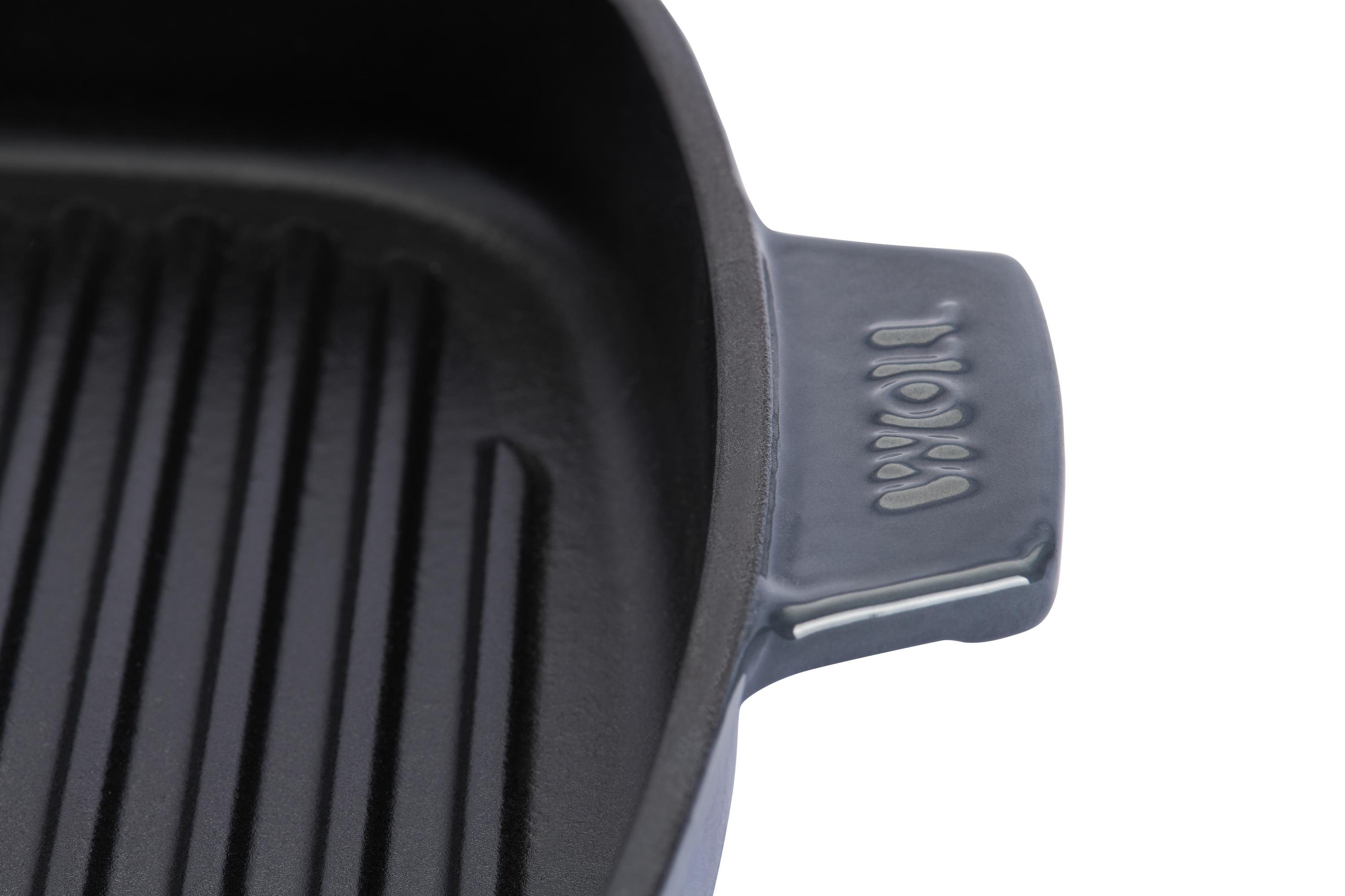 Iron Guss-Grillpfanne, mit Rillen und Steakpresse Detailansicht