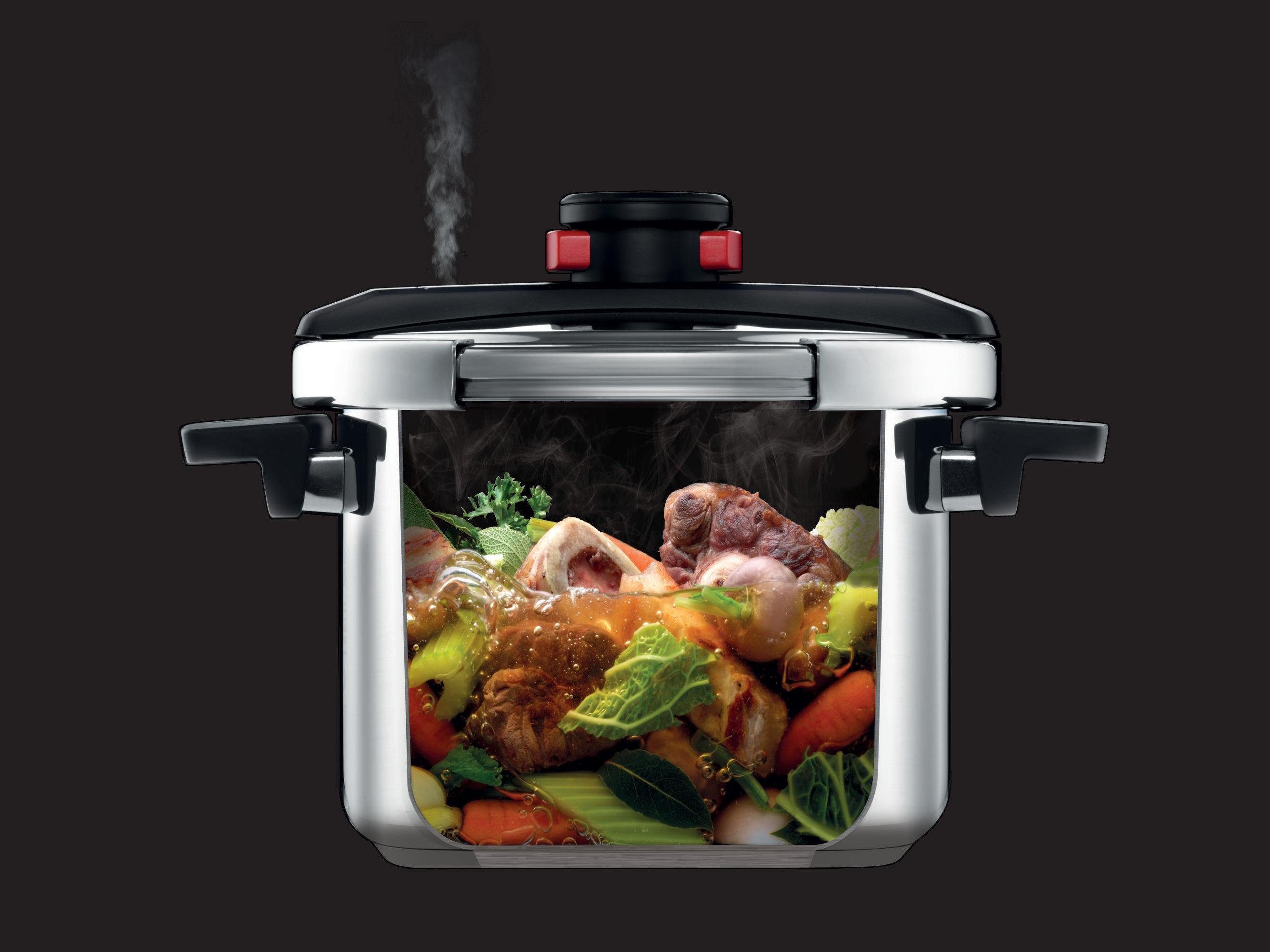 Pressure Pro Schnellkochtopf, 6 L In der Querschnittsansicht des Pressure Pro Schnellkochtopfs sind Fleisch und Gemüse zu sehen. Dabei entweicht überschüssiger Dampf durch das Sicherheitsventil.