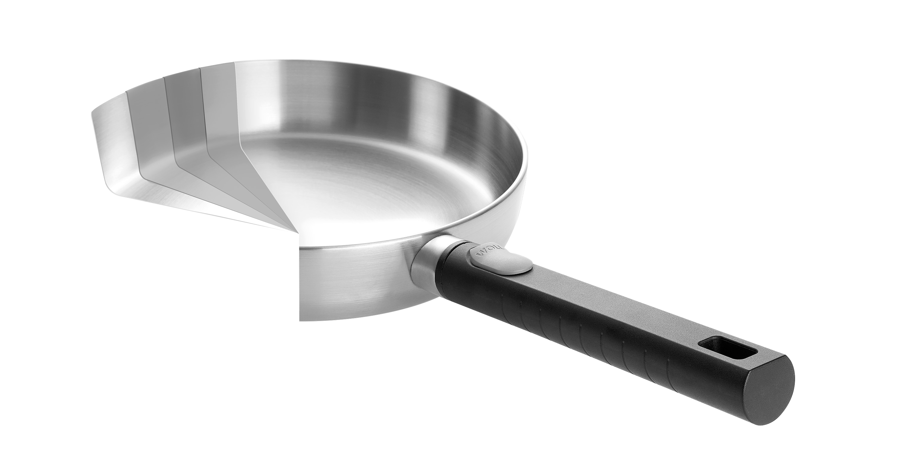 Runde Logic Steel Pfanne mit abnehmbarem Stiel. Zur Veranschaulichung der fünf Pfannenschichten wurden diese überlappend dargestellt und ein Teil der Pfanne wurde entfernt.