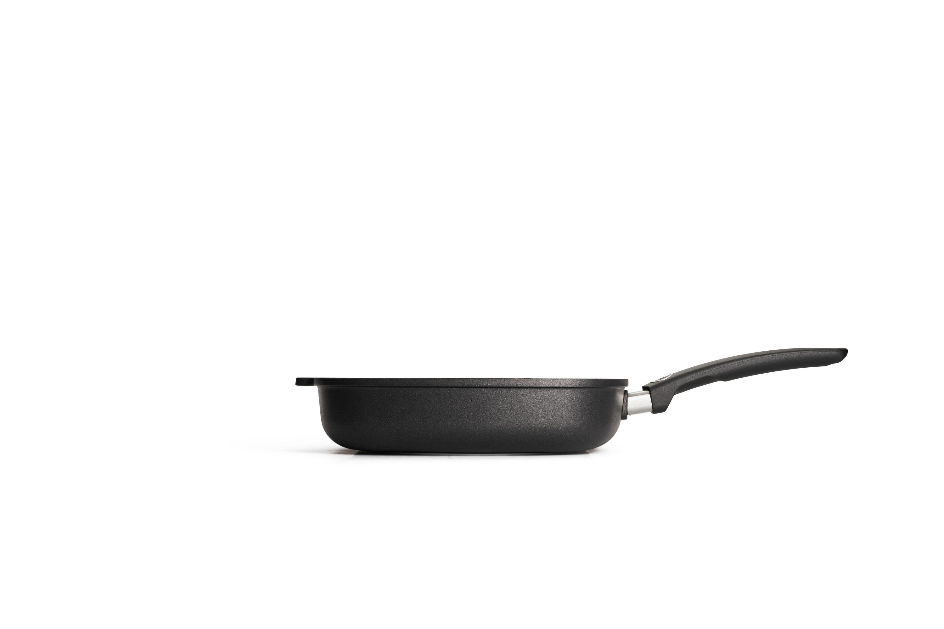 Titan Best Guss-Steakpfanne, viereckig, mit Rillen Seitenansicht | Stiel - Fest | Ceran, Gas, Elektro, Halogen | 28x28cm