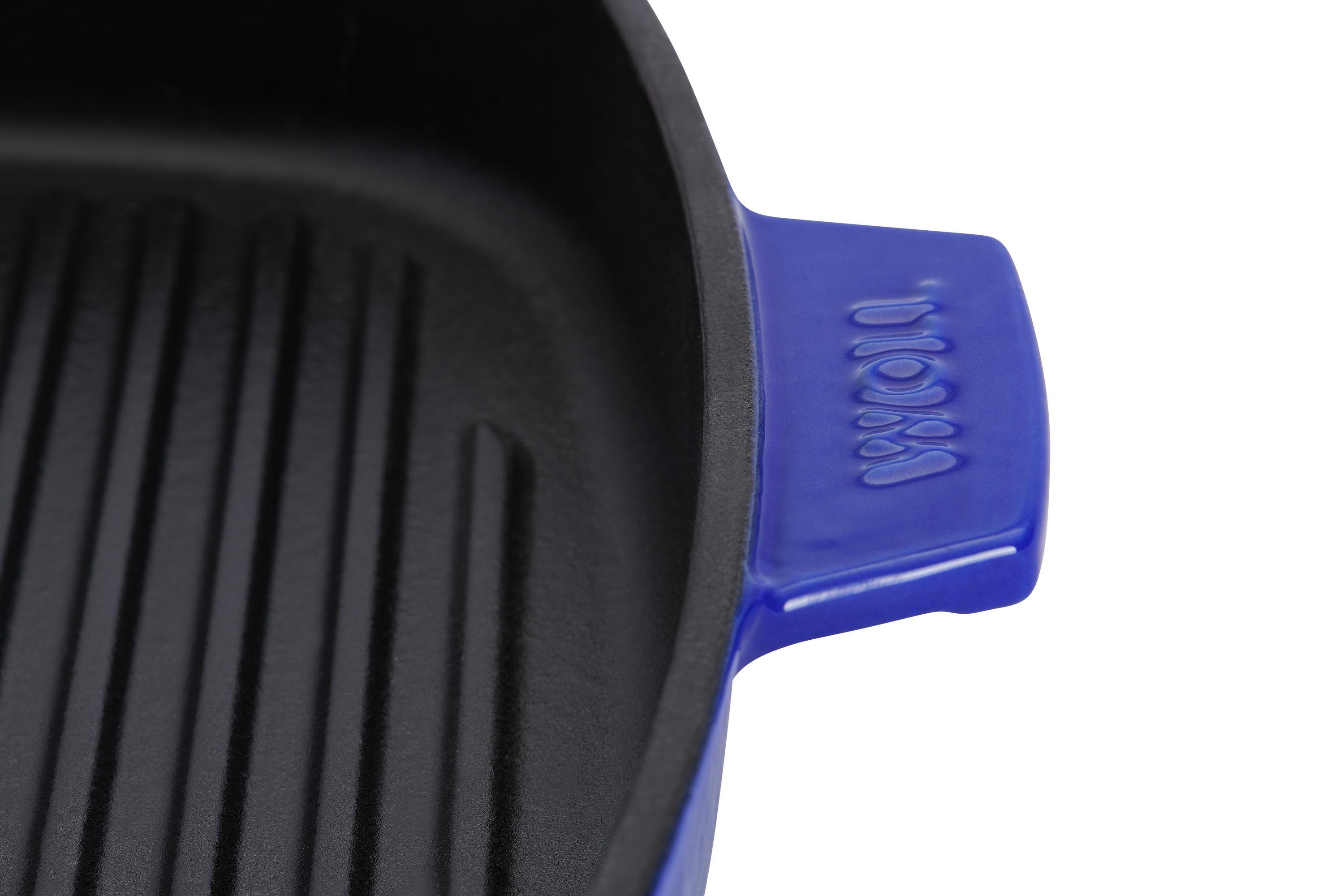 Iron Guss-Grillpfanne, mit Rillen und Steakpresse Detailansicht | Cobalt Blue | 24x24cm | Alle Herdarten inkl. Induktion
