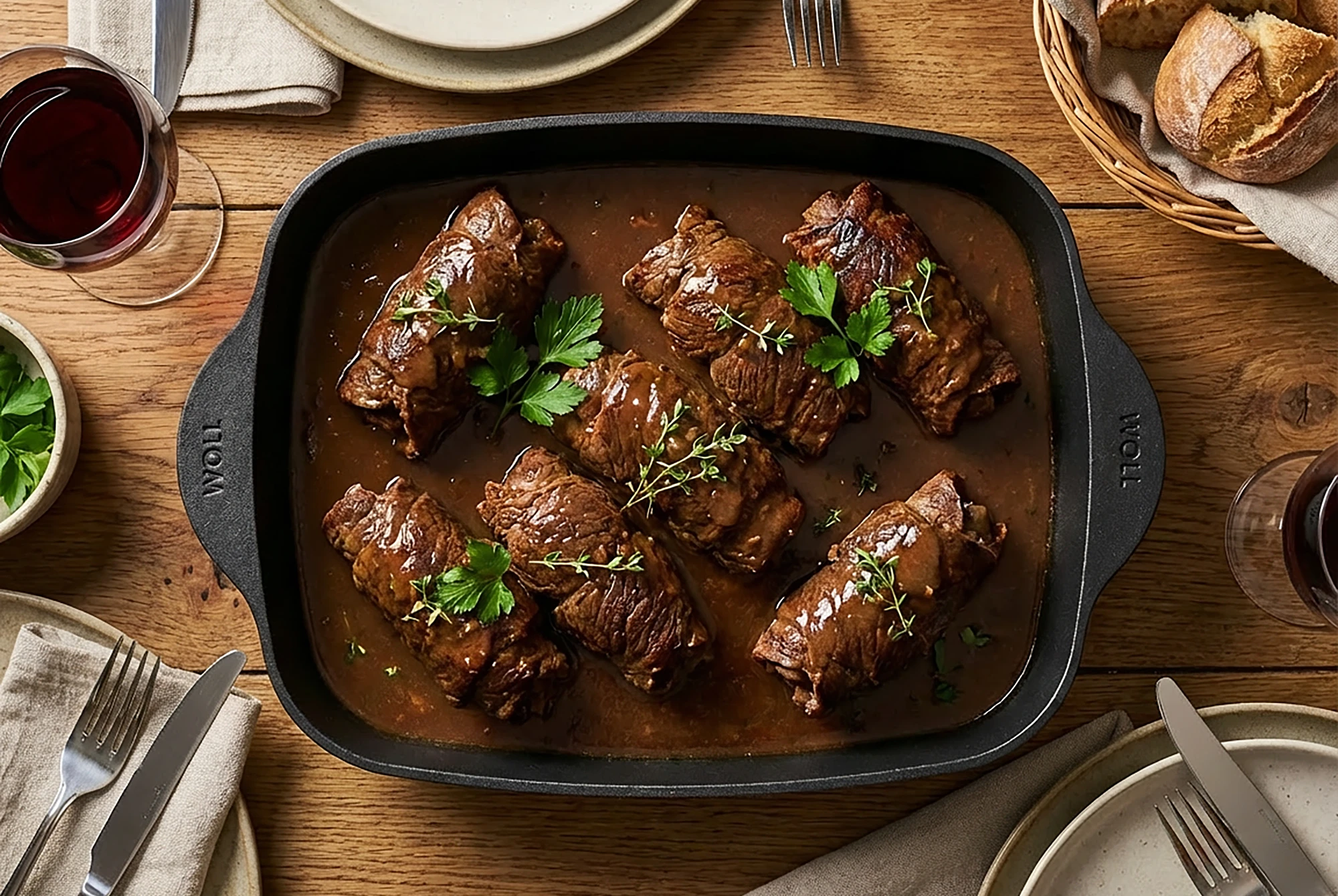 Flacher Eco-Logic-QXR-Bräter mit Rouladen darin. Er steht auf einem Holztisch. Daneben sieht man Teller mit Besteck und Weingläser. Ansicht aus Vogelperspektive.